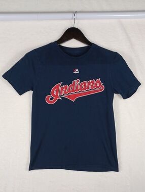 Majestic Kids Navy Blue Indians Tee with Red Logo, Size M (10/12) Good Condition
